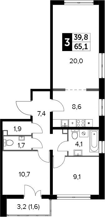 3-комн., 63.5 м², 17/24 этаж, ЖК «Южная Битца»