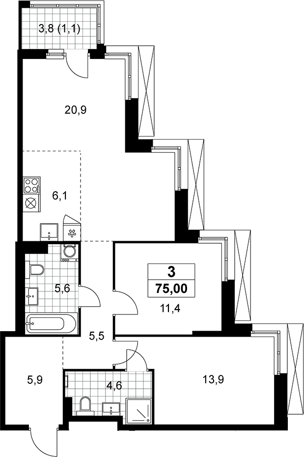 3-комн., 73.9 м², 12/21 этаж, ЖК «Дзен-кварталы»