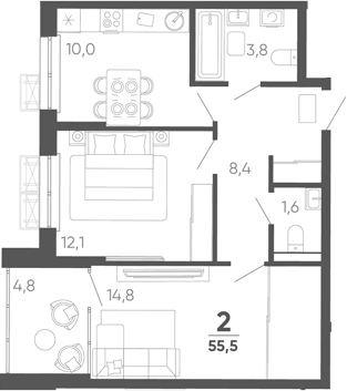 2-комн. квартира, 50.7 м² в ЖК Барса — фото 2