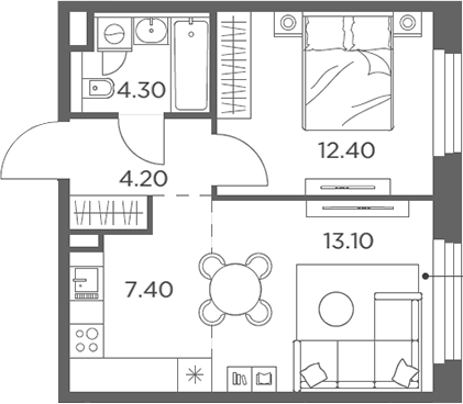2-комн., 41.4 м², 12/23 этаж, ЖК «Белый Град»