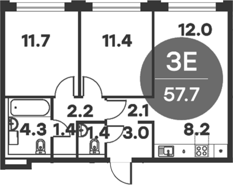 3-комн., 57.7 м², 5/6 этаж, ЖК «Равновесие»