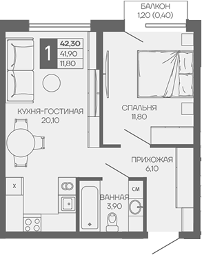 1-комн. квартира, 41.9 м² в ЖК Иначе в Молодежном — фото 2