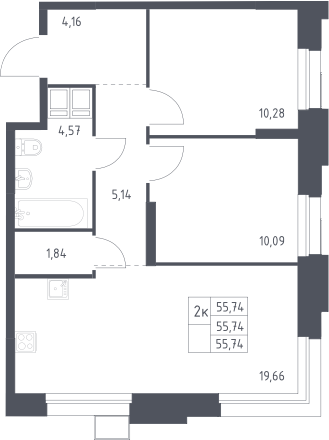 3-комн., 55.74 м², 23/23 этаж, ЖК «Тропарево Парк»