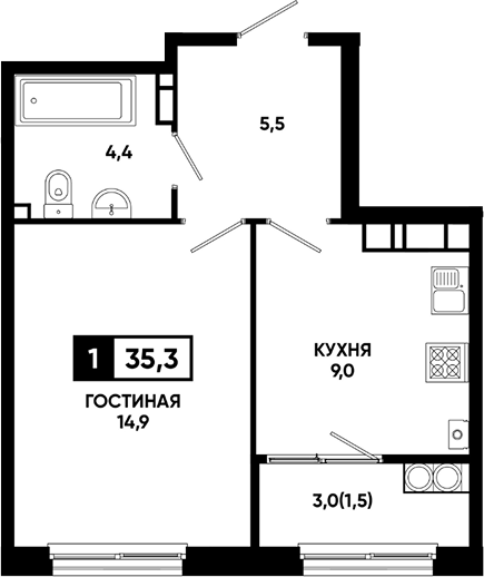 1-комн., 33.8 м², 13/24 этаж, ЖК «Резиденция Софи»