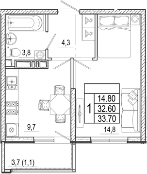 Продается 1-комн. квартира, 32.6 м²