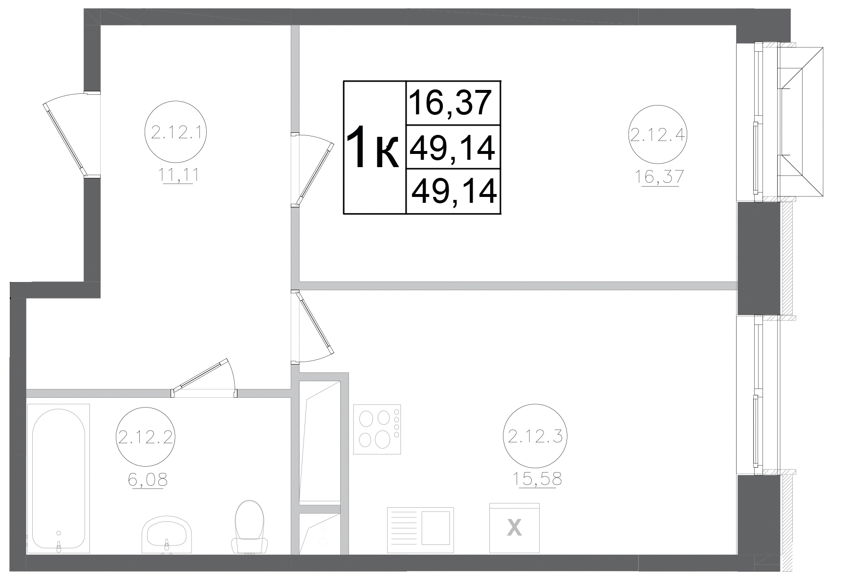 1-комн., 49.14 м², 16/17 этаж, ЖК «Авиатор-2»