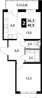 2-комн., 45.4 м², 3/16 этаж, ЖК «1-й Шереметьевский»