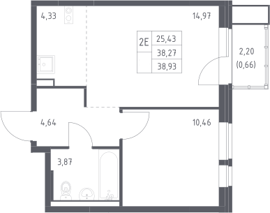 2-комн., 38.27 м², 8/13 этаж, ЖК «Квартал Авиаторов»