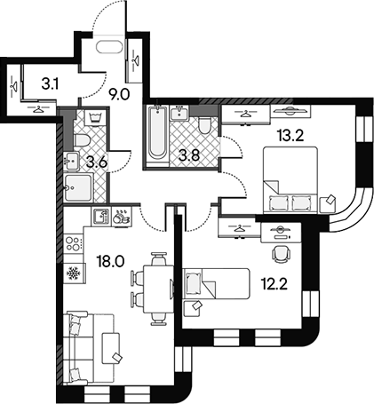 3-комн., 62.9 м², 13/18 этаж, ЖК «МАРК»