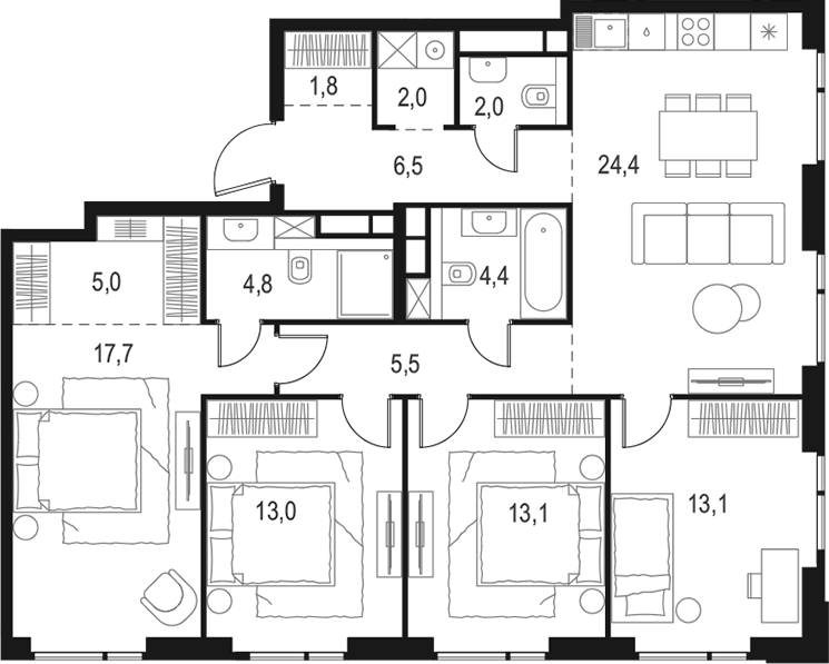4+ комнаты, 113.3 м², 19/20 этаж, ЖК «Левел Войковская»
