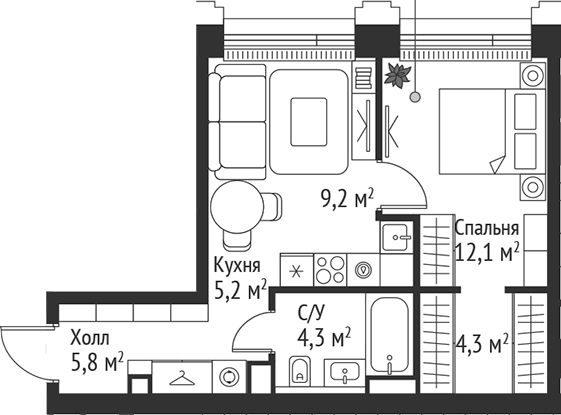 2-комн., 40.9 м², 4/45 этаж, ЖК «СЕТ»