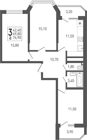 3-комн. квартира, 69.8 м² в ЖК ЖК «Кубанская Крепость» — фото 2