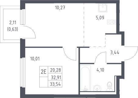2-комн., 32.87 м², 15/17 этаж, ЖК «Пригород Лесное»
