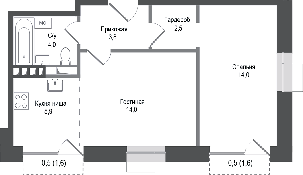 2-комн., 44.2 м², 3/4 этаж, ЖК «Киноквартал»