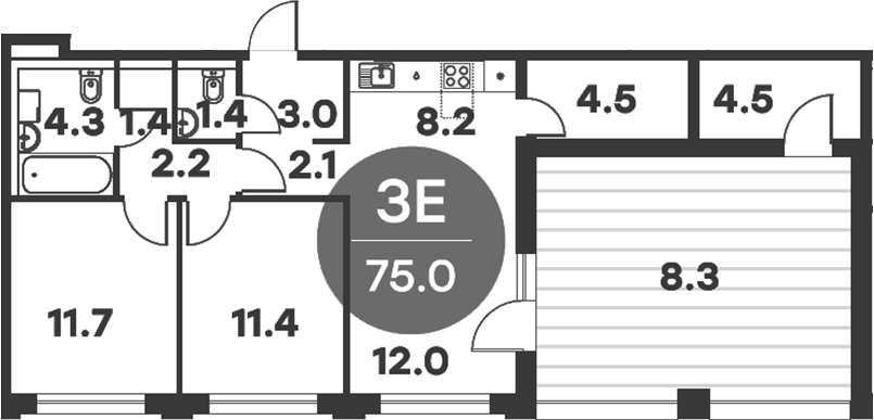 3-комн., 72.51 м², 4/6 этаж, ЖК «Равновесие»