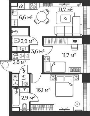 3-комн., 59.9 м², 3/38 этаж, ЖК «Веер»