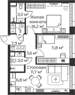 3-комн., 60.6 м², 12/38 этаж, ЖК «Веер»