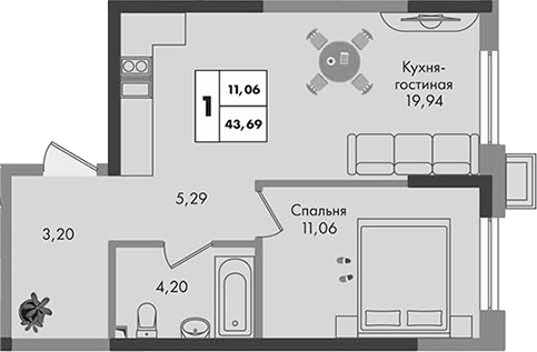 1-комн. квартира, 43.69 м² в ЖК Зеленая территория — фото 2