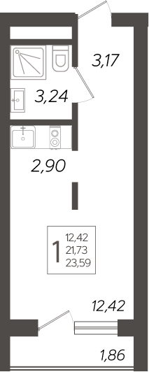 Студия, 23.04 м², 1/19 этаж, ЖК «Кислород»