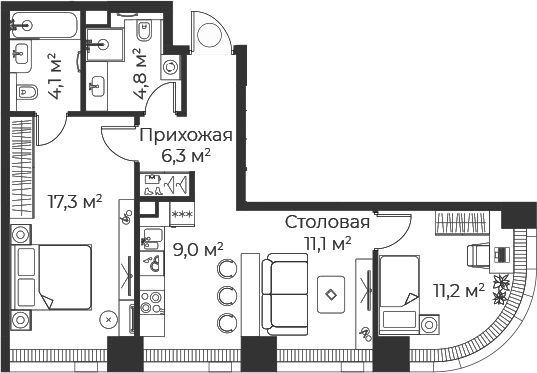 3-комн., 63.8 м², 12/71 этаж, ЖК «Веер»