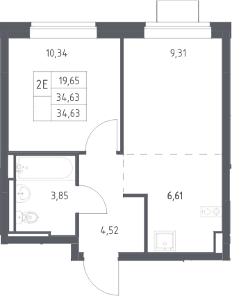 2-комн., 34.63 м², 9/12 этаж, ЖК «Богдановский лес»