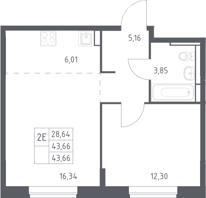2-комн., 43.66 м², 7/12 этаж, ЖК «Богдановский лес»