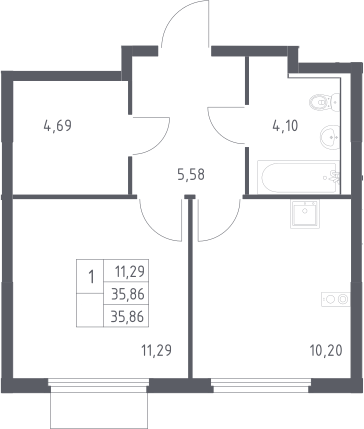 1-комн., 35.86 м², 12/15 этаж, ЖК «Пригород Лесное»