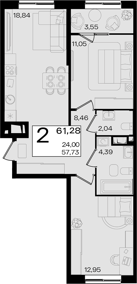 2-комн. квартира, 57.73 м² в ЖК Патрики — фото 3