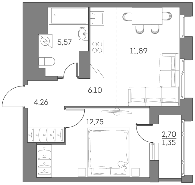 2-комн., 40.57 м², 24/25 этаж, ЖК «Аквилон БИСАЙД 2.0»