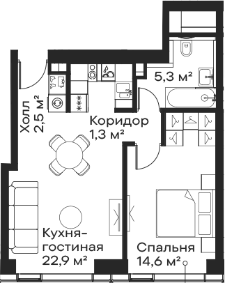 2-комн., 46.6 м², 11/59 этаж, ЖК «Сити Бэй»
