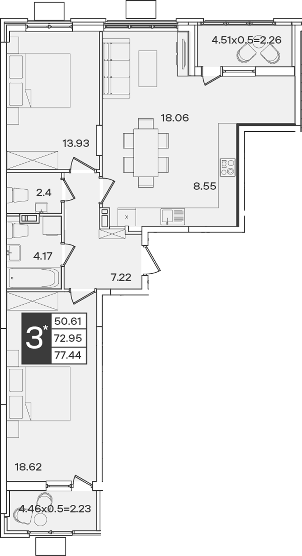 3-комн., 72.95 м², 9/9 этаж, ЖК «Сюжеты»