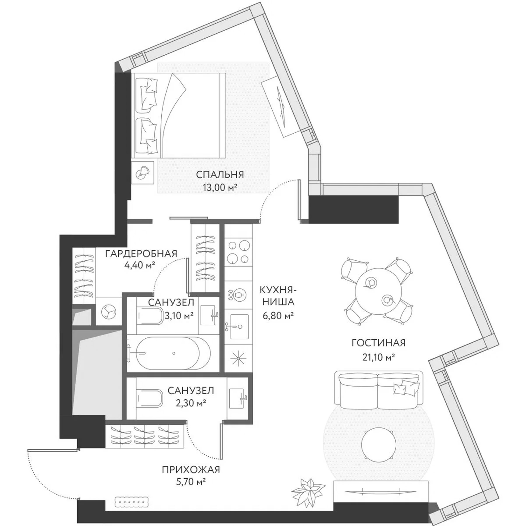 2-комн., 57.8 м², 8/49 этаж, ЖК «ХАЙДАУТ»