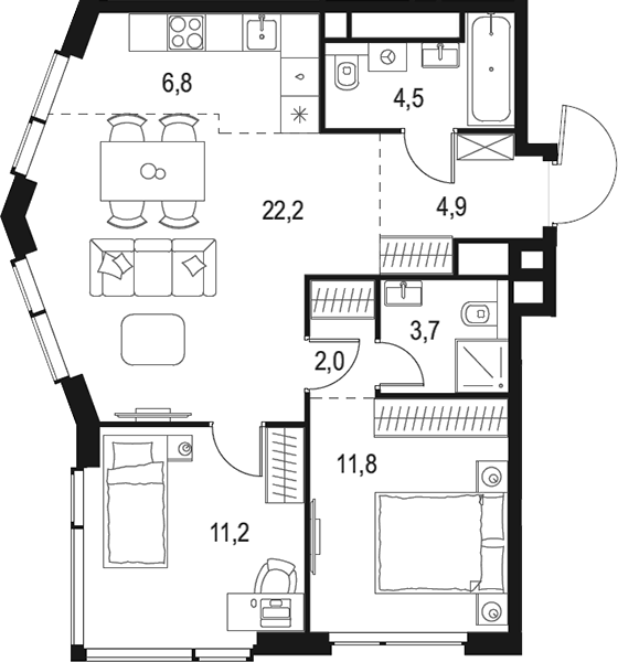 3-комн., 67.1 м², 36/48 этаж, ЖК «Левел Мичуринский»