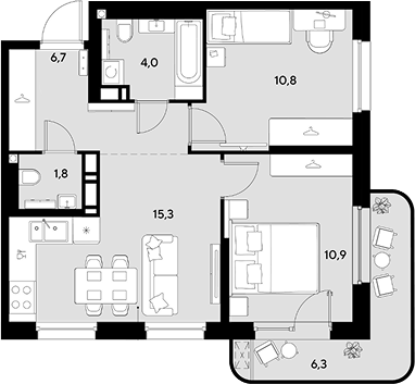 2-комн., 49.5 м², 6/18 этаж, ЖК «Грейд»