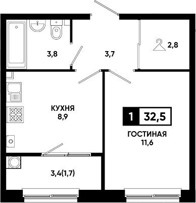 1-комн., 30.8 м², 2/14 этаж, ЖК «Резиденция Софи»