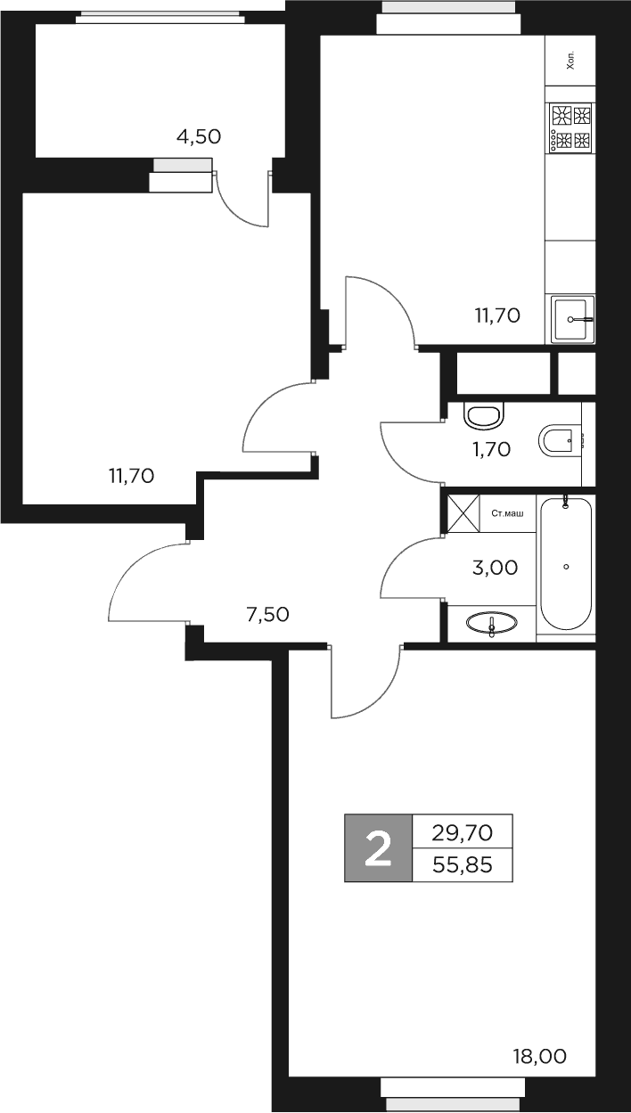 2-комн., 53.6 м², 13/17 этаж, ЖК «Восток 2»