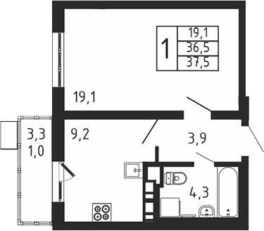 1-комн., 36.5 м², 8/9 этаж, ЖК «Пироговская ривьера. Мытищи»