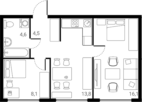 2-комн., 47.1 м², 12/25 этаж, ЖК «Лесная Коллекция»