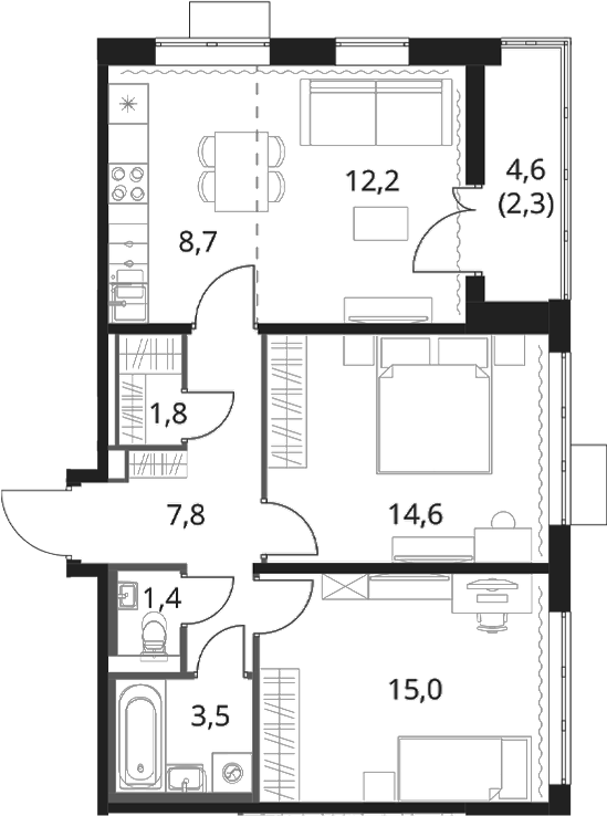3-комн., 65 м², 7/16 этаж, ЖК «1-й Шереметьевский»