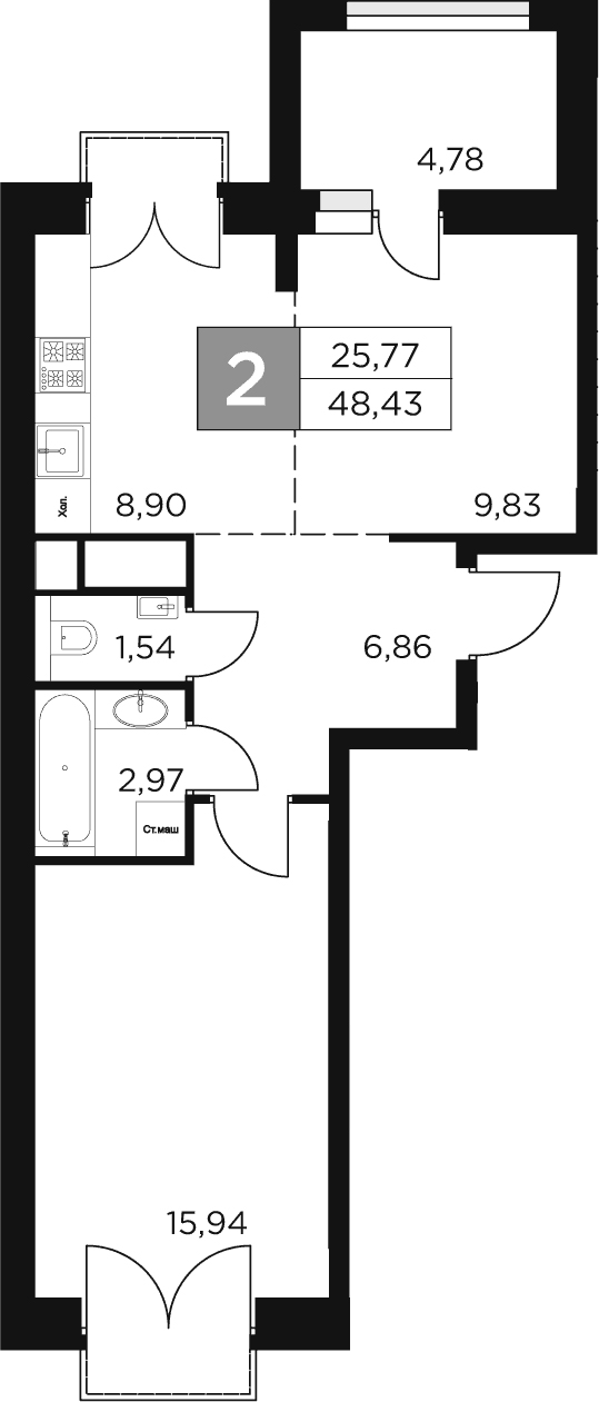 2-комн., 46.04 м², 8/8 этаж, ЖК «Восток 2»