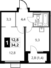1-комн., 32.8 м², 21/24 этаж, ЖК «1-й Донской»