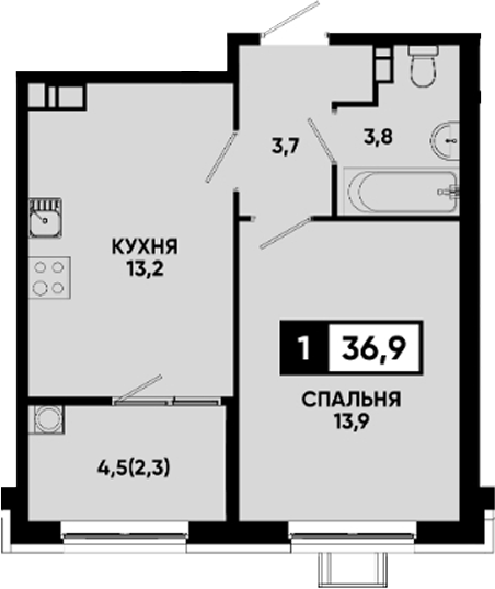 1-комн., 34.6 м², 4/12 этаж, ЖК «Квартал на курорте Моя Легенда»