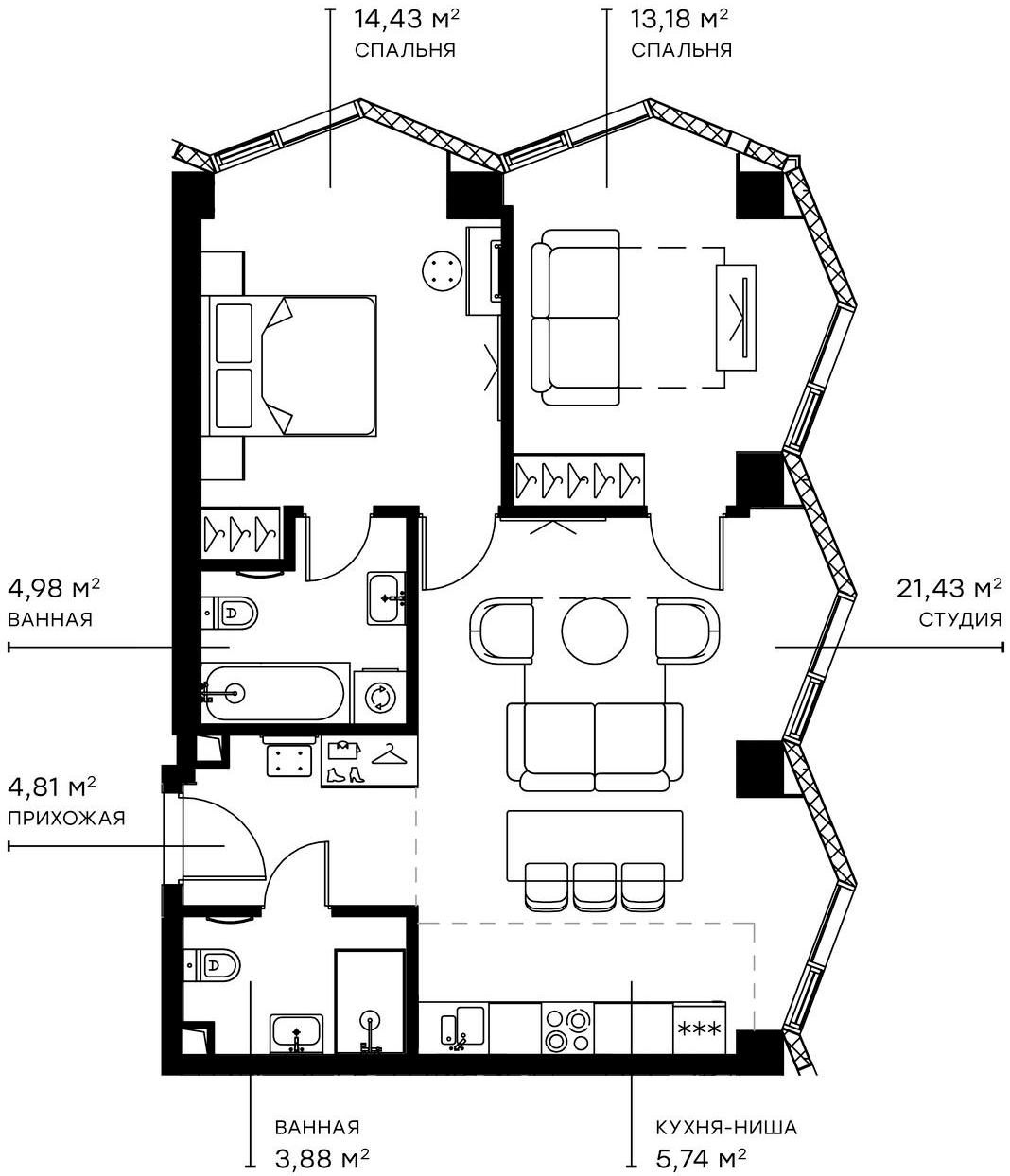3-комн., 68.45 м², 23/49 этаж, ЖК «Симфония 34»