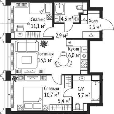 3-комн., 63.2 м², 39/59 этаж, ЖК «СЕТ»
