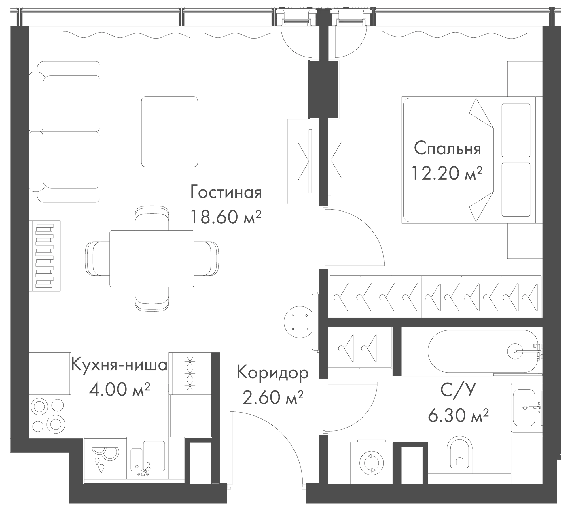 2-комн., 43.7 м², 32/36 этаж, ЖК «Слава»