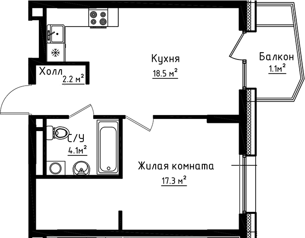 1-комн., 42.1 м², 5/6 этаж, ЖК «Коллекция»