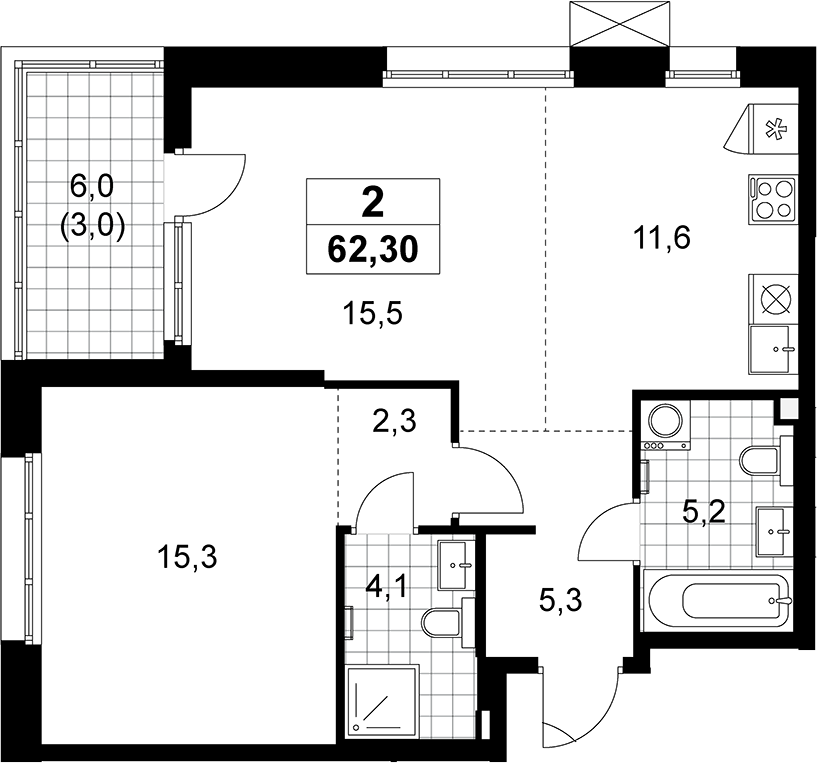 2-комн., 59.3 м², 2/12 этаж, ЖК «Дзен-кварталы»