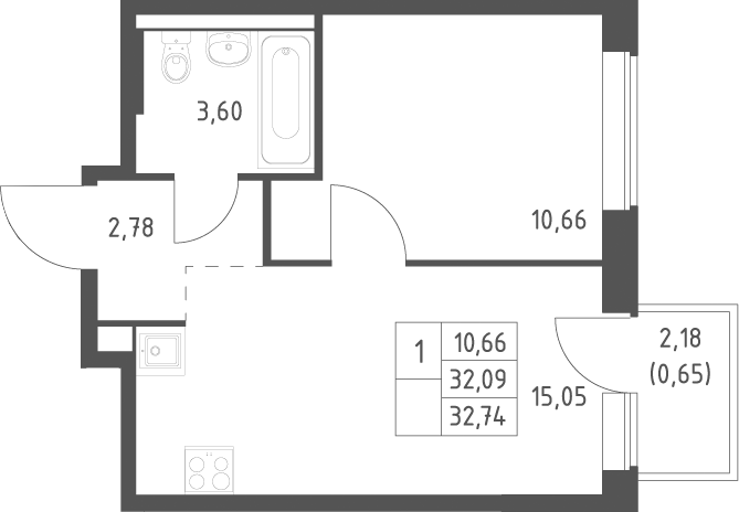 2-комн., 32.09 м², 9/12 этаж, ЖК «Большое Юрлово»