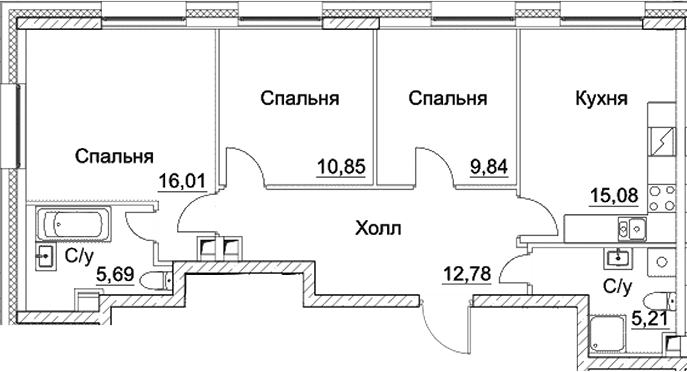 3-комн., 75.46 м², 27/28 этаж, ЖК «СЕЗАР СИТИ»