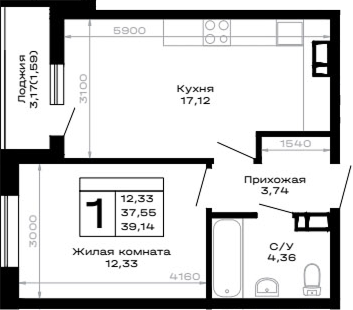 1-комн., 37.55 м², 11/14 этаж, ЖК «Горные высоты»